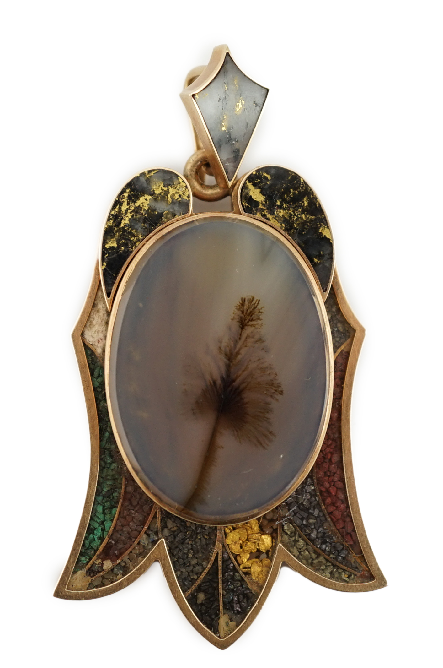 An unusual early 20th century? gold and hardstone mounted moss agate pendant, engraved verso 'A. Andrews Pat.d Dec. 18.1877'